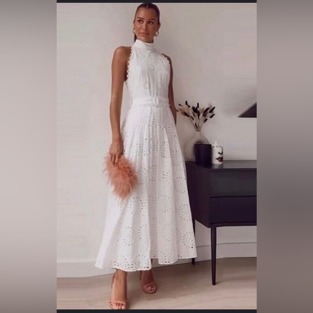 Zara Halter MIDI Dress w/ Embroidery Cutwork Fully Lined with Belt